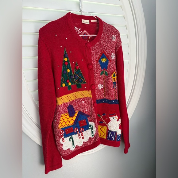 Bobbie Brooks UGLY  Christmas Sweater Large Cardigan Beaded, Sequins - Picture 2 of 12